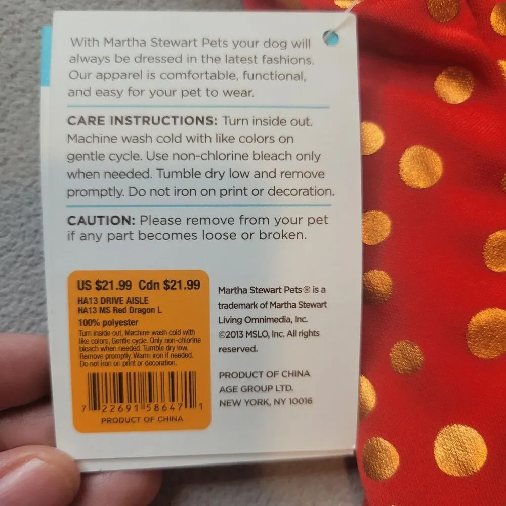 Martha Stewart Red Dragon Monster Costume Jacket For Pets Dog Sz L
